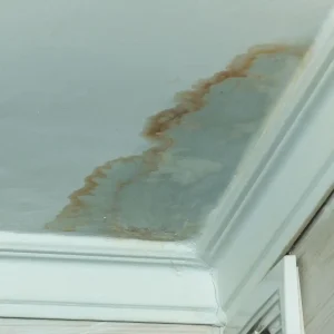 Brown ceiling stain caused by a roof leak that started with storm damage months earlier